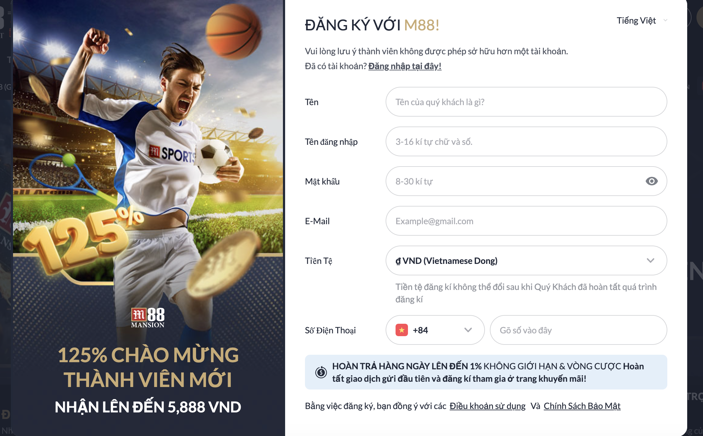 Thao tác đăng ký M88 với 3 bước đơn giản